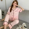 Casa roupas soltas lounge wear feminino cetim seda pijamas conjunto peças camisa calças pijamas casuais lingerie íntima renda macia pjs terno