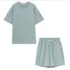 Tracce femminili da donna a colori solidi Due popoli set estate outfit casual outfit cotone oversize t-shorts a vita alta 2 peichi