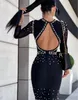 beadings women lady long sleeve one piece dresses sexy cutout back fashion designer party grace formal dress 0821