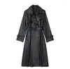 Women's Trench Coats WXWT Women Black Faux Leather Long Coat With Belt Sleeve Double Breasted Elegant Office Outerwear Autumn Winter Tops