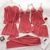 Abbigliamento per la casa 5PCS Pigiama da notte Set per donna Casual Indumenti da notte in raso Abbigliamento da salotto 2022 Pigiama Kimono Accappatoio Abito Lingerie