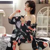 Hemkl￤der Kvinnor Pyjamas Set Viscose 3st Sleepwear Kimono Bathrobe Glown Loose Print Flower Nightwear Clothes Soft PJs Suit Lingerie