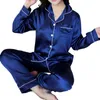 Accueil Vêtements Femmes Pyjamas Vêtements De Nuit 2022 Printemps À Manches Longues Mujer Pijamas Vêtements De Nuit Sexy 2PC Soie Satin Pyjamas Ensembles Pour Femme Grande Taille