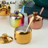 Herb Spice Tools 304 Stainless Steel Gold Seasoning Condiment Pot Set Salt Sugar Container Pepper Jar Tool with Lid and Spoon Holder Rack 220930