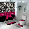 Tende da doccia Girly Pink Red Ribbon Stampa leopardata Set di tende impermeabili con tappeti Cheetah 3PC Copriwater Tappeto da bagno Zerbino