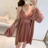 Women's Sleepwear Women 2PCS Sleep Set Kimono Gown Velvet Robe Lace Patchwork Sexy Bathrobe Lounge Wear Perspective Home Clothes