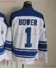 Movie CCM Vintage Ice Hockey 1 Johnny Bower Jerseys 7 Tim Horton Men Embroidery Jersey White Blue Green