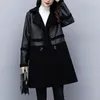 Women's Fur L-5xl Faux Coat Splice Leather Jacket Fashion And Elegant Double-breasted Teddy Long Oversize Outwear