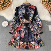 Spring and Autumn Vintage Court Style Dress Bubble Long Sleeve Printed Stand Collar Single breasted Waist Slim A-line skirt