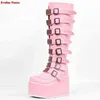 Bottes de milieu rose pour femmes Nouvelles boucles d'arrivée 11cm plate-forme solide rond fashion reine punk chaussures grandes taille 35-40 220815