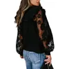 Women's Blouses 2022 Women Fashion Mesh Patchwork Round Neck Long Sleeve Blouse Ladies Lace See-through Flower Puff pullover tops