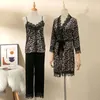 Home Clothing Print Leopard Velvet 3PCS Pajamas Set Women Sleepwear Sexy Lace Nightgown Casual Bathrobe Autumn Winter Sleep Homewear