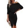 Vestidos casuais 2022 Autumn e Winter Women Sleeved Mids-Skirt Cor sólida cor oblíqua sexy ombro de quadril plissado de ajuste fino