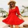 Vestidos casuais de renda sexy sem costas da mulher de verão Splicing Ruffle A-line Skirt Lanterna de sete pontos Mulheres de praia SundressCasual