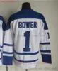 Film CCM Vintage Ice Hockey 1 Johnny Bower Maglie 7 Tim Horton Men ricamo Jersey White Blue Green