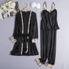 Hemkl￤der Satin Silk Sleepwear 3st Pyjamas Set For Women Loose Nightgown Kimono Bathrobe Gown With Lace Soft Intimate Lingerie