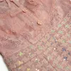Abiti casual Collo alto Manica lunga Ricamo in rete trasparente Sopra il ginocchio Bottoni a fiori con strass Abito con paillettes in pizzo rosa