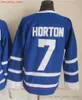 Película CCM Vintage Hockey de hielo 1 Johnny Bower Jerseys 7 Tim Horton Men bordado Jersey Blanco azul