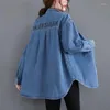 Damenblusen, blau, modisch, Doppeltaschen-Jeanshemd für Damen, Umlegekragen, lässig, BF-Stil, Jeans-Tops, langärmelig, Frühlings-Cardigan