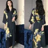 Women's Sleepwear Print Nightwear Women Satin Kimono Robe Gown Nightdress Loose Intimate Lingerie Sexy Flower Nightgown Lounge Wear