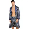 Men's Sleepwear Two-Pieces Silk Nightgown Satin Male Loose Silky Blue White Striped Long Sleeve Robe And Shorts Bathrobe Set For Men