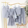 Home Clothing Sexy Sleepwear Women Satin Pajamas Kimono Bathrobe Gown Lace Patchwork Intimate Lingerie 5PCS Robe Suit Loose Lounge Wear