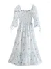 Casual Dresses Summer Women Sweetheart Neck 3/4 Puff Sleeve Vintage Floral Print Smocked Detail Ruffle Hem Elegant Midi