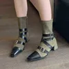 Designer Boots Fashion Women Mid Calf Cross Bandage Flock Side Zipper Square Toe Winter Green Black Beige Thick Heels Belt 220815
