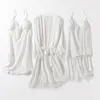 Startseite Kleidung Sexy Spitze Kimono Kleid 5PCS Schlaf Anzug Pyjamas Für Frauen Weiche Satin Bademantel Intime Dessous Casual Kleidung nachtwäsche