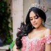 Eleganti abiti floreali Quinceanera Fiori Perle di cristallo Perline Abito da ballo Charro Rosa Vestido De 15 Anos Off the Shoulder Sweet 16 Prom Gowns Back Lace-up