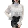 Kvinnors blusar Victorian White Ruffles Stand Collar Lantern Sleeve Medieval Top Gothic Lolita Blause Vintage Shirts Women Stor storlek