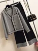 Tweede stuk broek voor dames Autumn Knit 2 Set Houndstooth Cardigan Sweater Sweater Wide Leg Outfits Crop Top Trousers Suits 220930