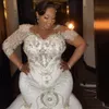 Stunning Plus Size Wedding Dresses Crystal Mermaid Bridal Gown Sheer Full Sleeve Beading Vestido De Novia Corset Back Design 322