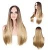 Kvinnors syntetiska långa rak peruk Brown Gradual Change Golden Chemical Fiber Hair Soft and Natural Cosplay Wigs