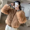 Pop Winter Warm Faux Fur Coats Women Nice Pu Leather Patchwork Cropped Jacket Woman Motocycle Style Turn Down Collar Jackets T220810