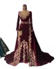 アラビア語Caftan Marocain BurgundyイブニングドレスベルベットレースAppleQiue Bead