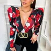 Lente elegante boho -print bodysuits rompers dames jumpsuits puff mouw mager sexy vneck bodies dames casual overalls 220811