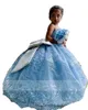 2022 Clear Blue Girls Girls Pageant Vestidos Apliques de renda com prata Big Bow Flower Girl Dress Fidros Filhos de espaguete longo