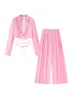 Damespakken blazers dames mode zijden satijnen textuur korte roze blazer revers tie retro lange mouw ontwerp slanke pantswomen's