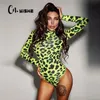 CNYISHE Women Long Sleeve Leopard Skin Prinetd Bodysuit Sexy Neon Green Streetwear Jumpsuit Skinny Leopard Tops Fashion Rompers 220811