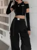 Goth Dark Egirl Style Patchwork أسود Tshirts القوطية المفتوحة الكتف الأكمام y2k محصول القمصان الكشكشة HEM HIP HOPWEAR WOMENT TEE 220811