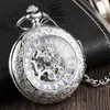 Taschenuhren Luxus Silber Römische Zahl Zifferblatt Herren Mechanische Uhr Mit Kette Elegante Schnitzerei Hohles Skelett Geschenke SetPocketPocket