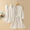 Women's Sleepwear Bride Robe Set Women Lace Nightgown Bathrobe Summer V-Neck Sleepdress Kimono Gown Lounge Wear Sexy NightdressWomen's