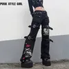 سروال نسائي كابريس القوطية emo alt cargo techwear hippie جينز جينز أمي الأم قوط الشرير سراويل الدنيم السود