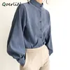 Grande lanterne manches femmes automne hiver simple boutonnage col montant bureau travail solide Vintage Blouse chemises 220811