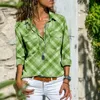 Kvinnors t-shirt Spring lady casual lapel långärmad knapp blus kvinnor mode gröna plädtryck skjortvinnor