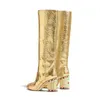 Women Boots Gold Crocodile Pattern High Tube Large Size Rhinestone Chunky Heel Long Female Party Knight 0719
