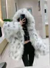 ハイエンドの白い毛皮のフード付きファーコート女性2021新しい冬の服ファッションラグジュアリーミッドレングス濃厚な暖かいジャケットオールマッチングT220816
