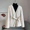 2020 new fur coat with waistband is fashionable and slim; women's long sleeve white warm autumn and winter top with belt T220810