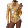 Shiny Holographic Women Bodysuit With Long Sleeve O Neck Wet Look Back Zipper Skinny Playsuits Summer Party Night Club Jumpsuits 220811